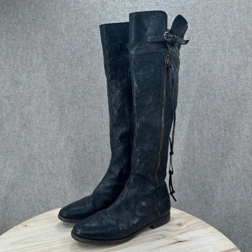 UGG Nicoletta Tall Boots Womens 10 Black Leather Over The Knee Flat Weave